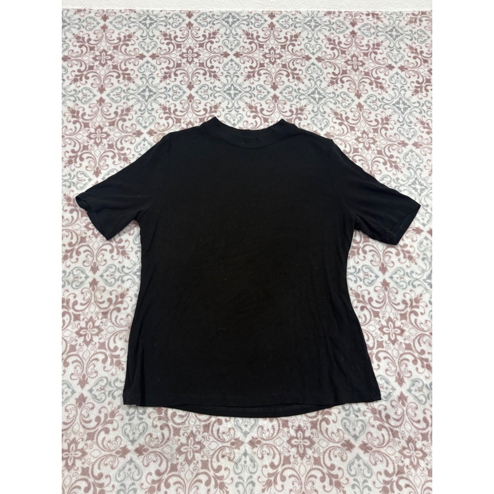 Black Ribbed Mock Neck Short Sleeve Top Minimalist Basic Tee
